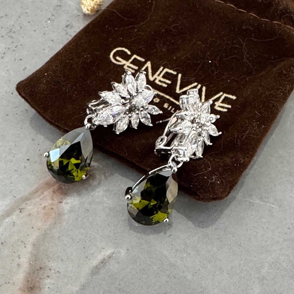Teardrop green gem and crystal Sterling silver earrings for pierced ears